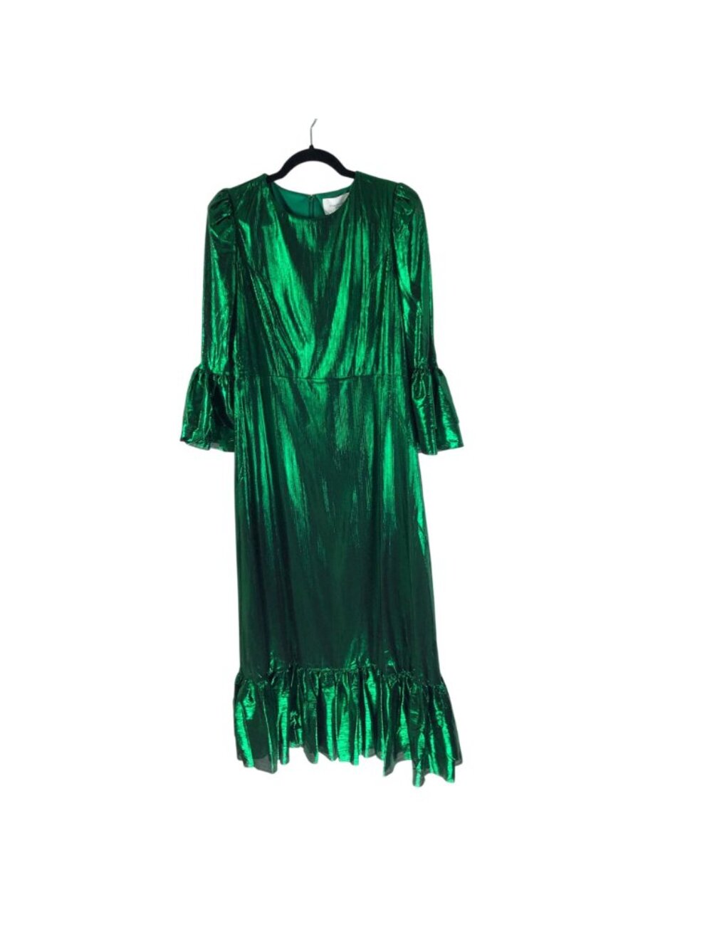 Pomander Place Emerald Crinkle Lurex Lillith Dress Metallic Green Bell Sleeve L - Picture 2 of 5
